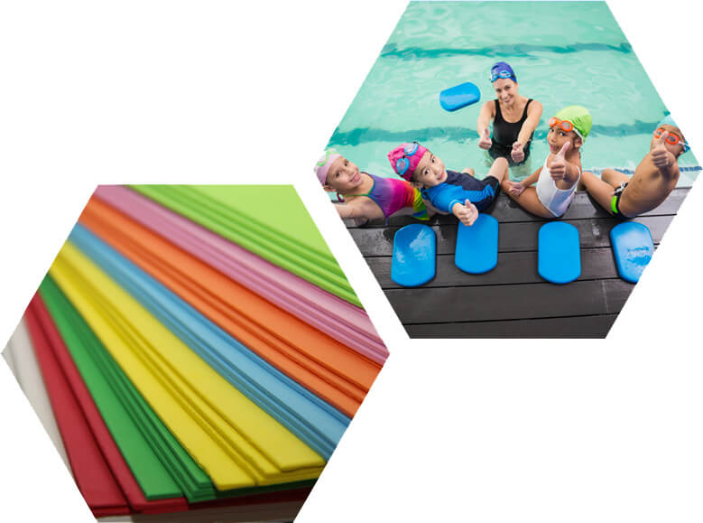 Two hexagons, one showing foam pads, the other people swimming with their thumbs up